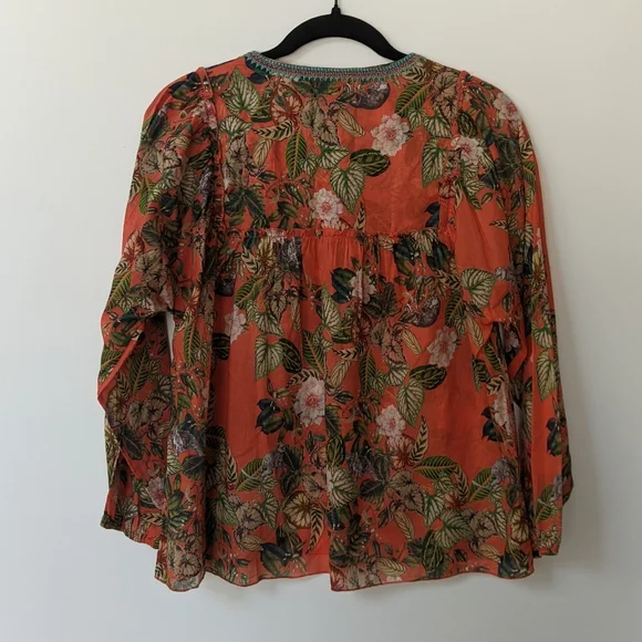 Johnny Was Orange Green Tie Front Blouse - Picture 4 of 7